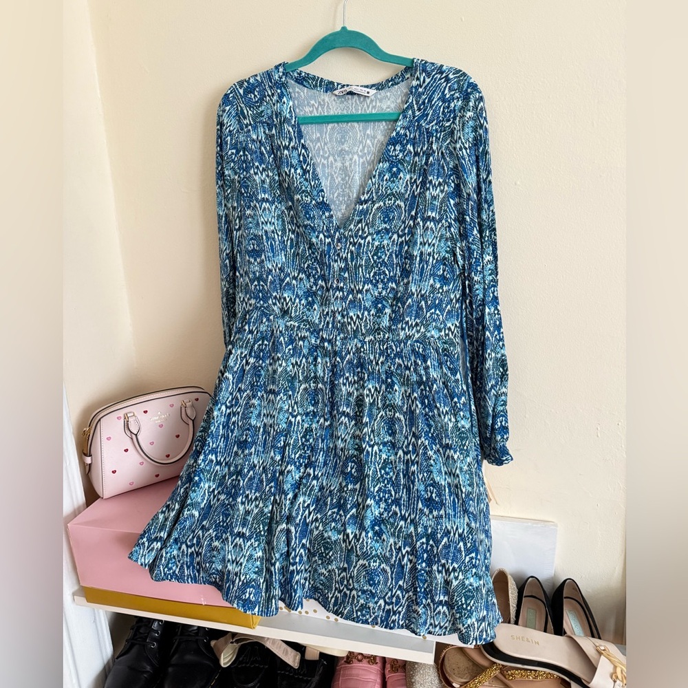 Zara Blue and White Long Sleeve Dress
